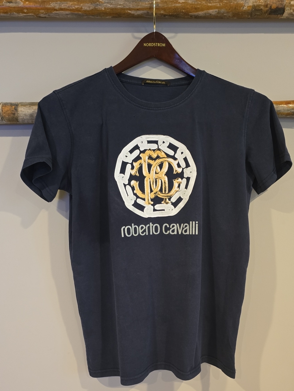 Roberto Cavalli Navy Short-Sleeve Tee with White and Gold Emblem